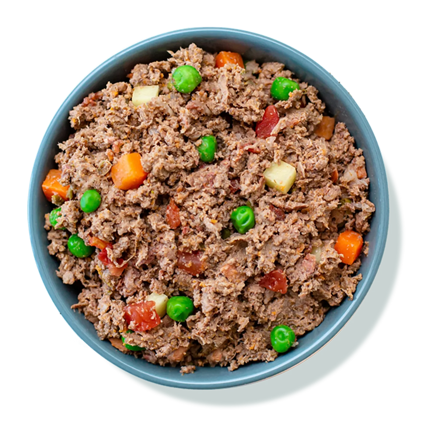 A bowl of sous vide dog food with visible vegetables and protein