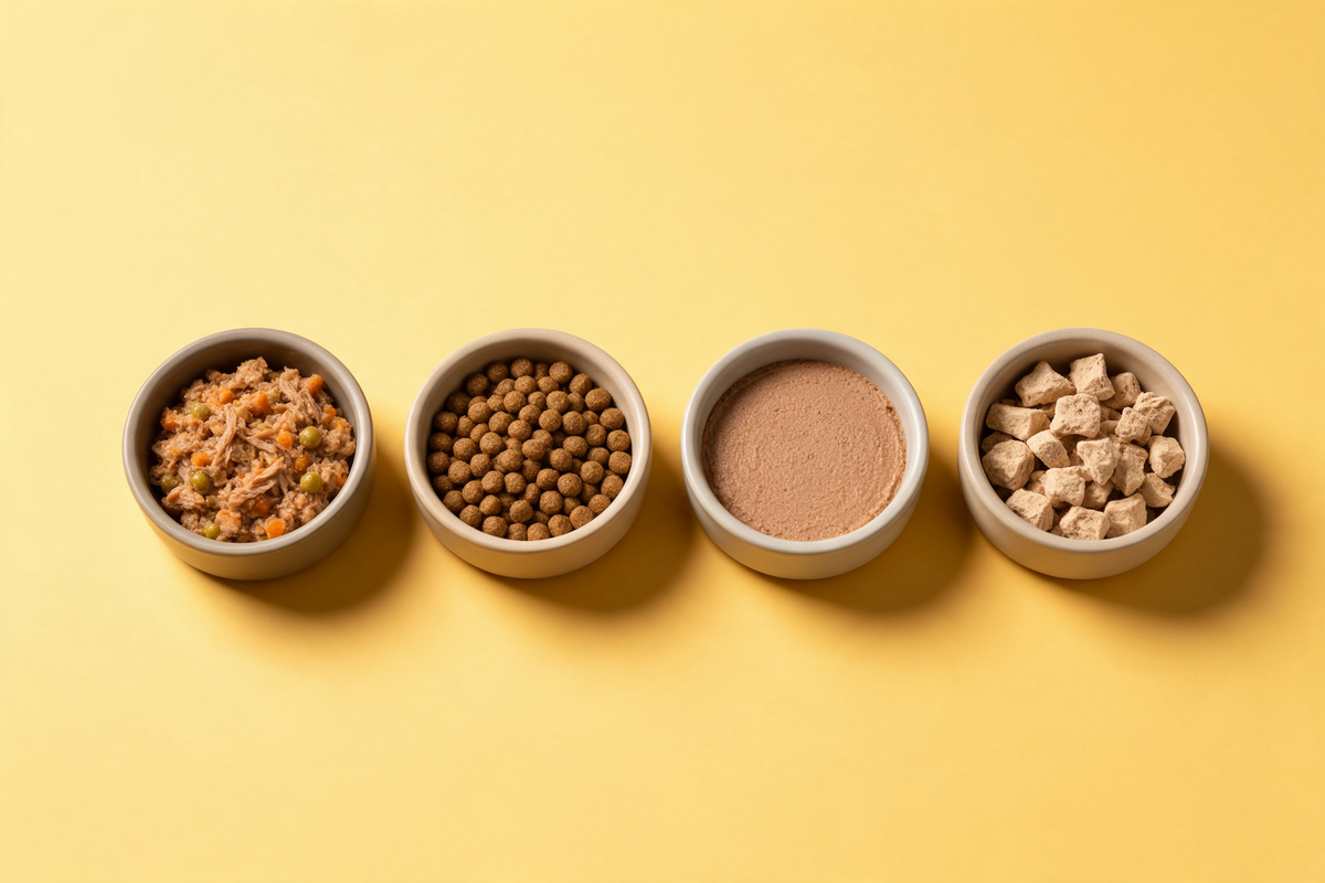 Four small bowls in a row on a soft yellow background showing four dog food formats: gently cooked, dry kibble, smooth pate and freeze-dried chunks