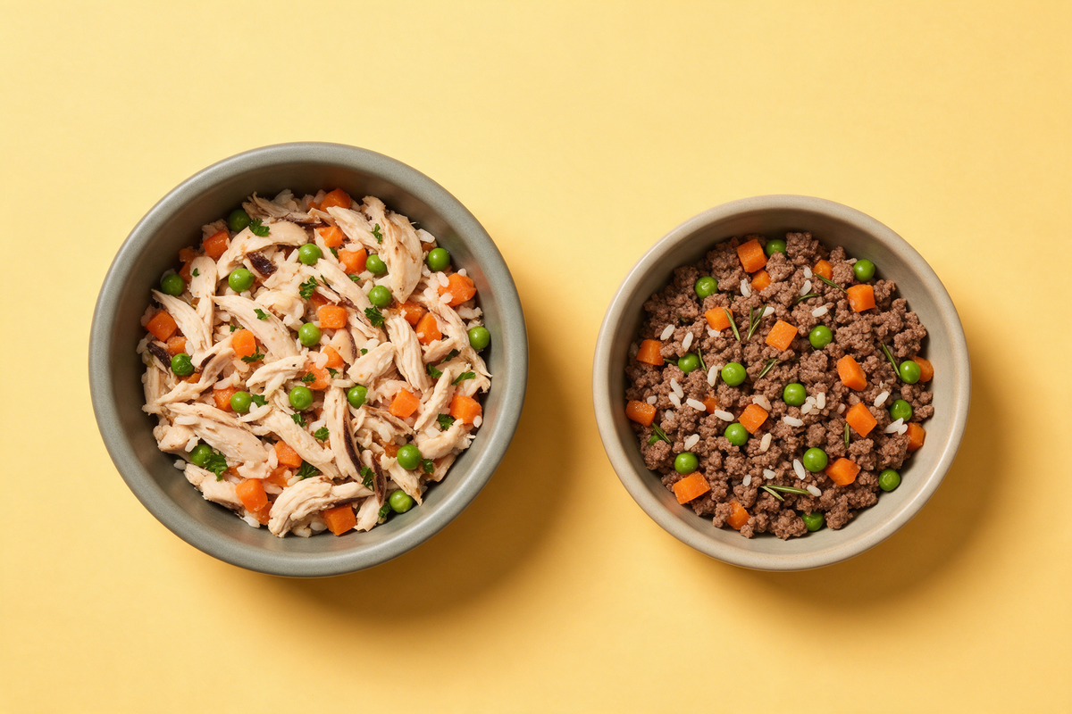 Two ceramic bowls of gently cooked dog food side by side on a soft yellow background, each a different protein recipe