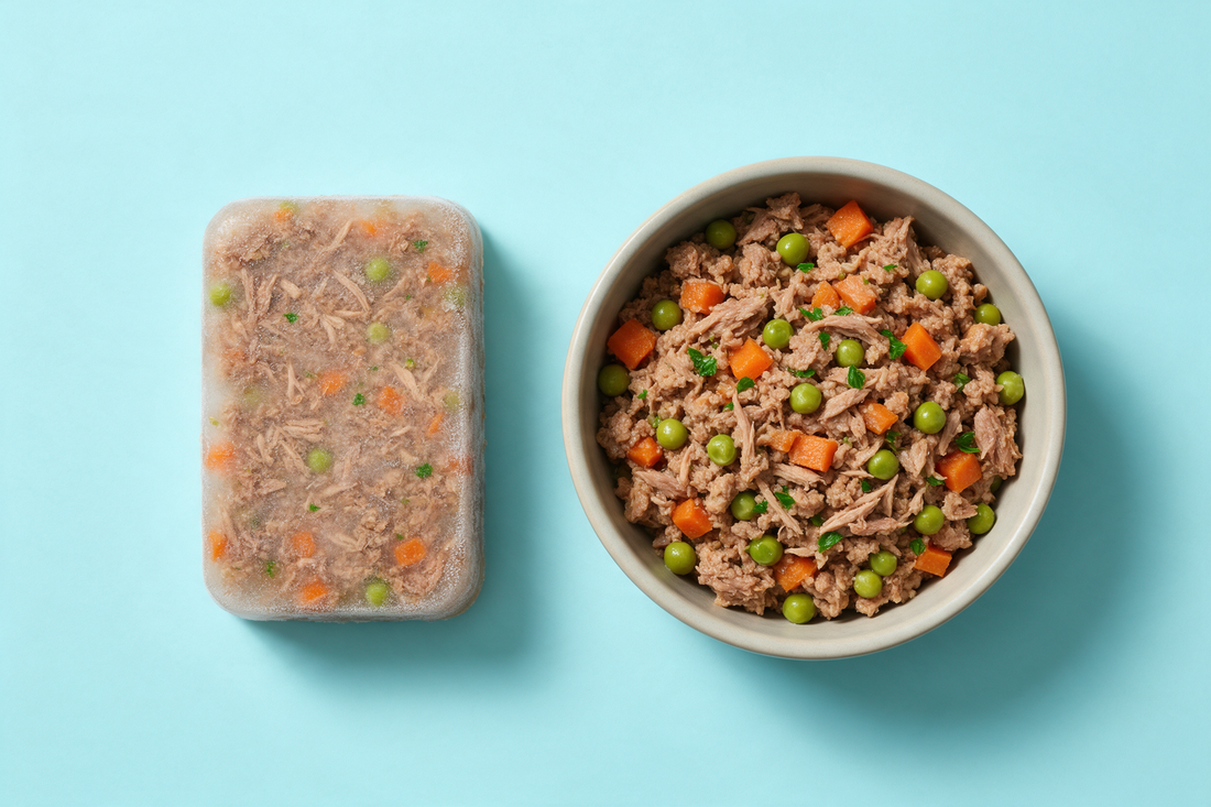 A frosted frozen block of dog food beside a bowl of the same food fully thawed, on a pale blue background
