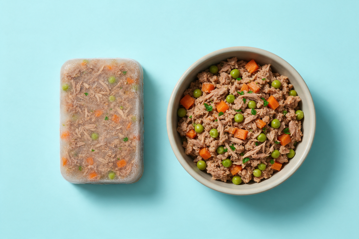 A frosted frozen block of dog food beside a bowl of the same food fully thawed, on a pale blue background