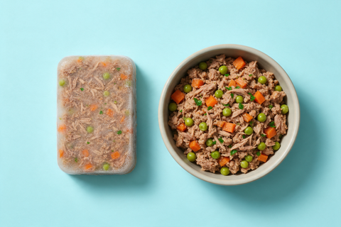 A frosted frozen block of dog food beside a bowl of the same food fully thawed, on a pale blue background