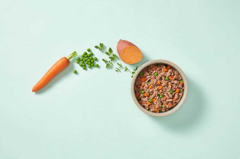 Whole carrot, fresh peas, herb sprigs and a halved sweet potato arranged in an arc leading to a finished bowl of gently cooked dog food