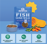 Blue "A Pup Above Fish Gone Wild" dog food bag with bowl of kibble, fresh vegetables, and product feature icons on blue backg
