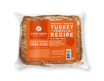 Vacuum-sealed package of gently cooked turkey and pawella dog food with bone broth in clear plastic wrapping.