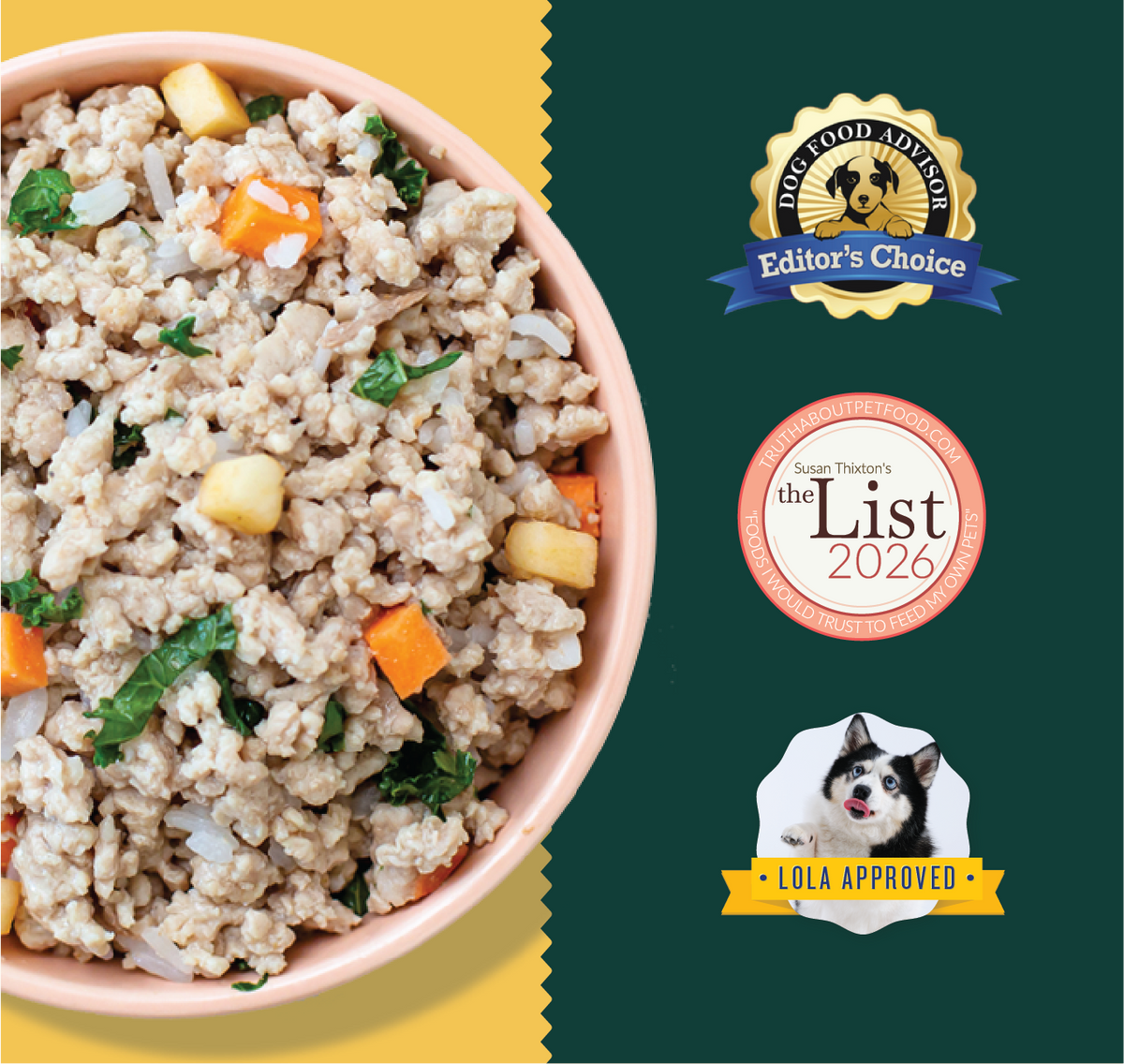 Pink bowl of ground meat dog food with diced vegetables and herbs on yellow and green background.