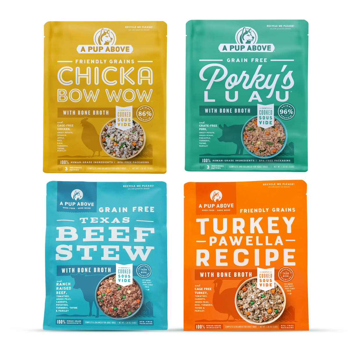 Four pouches of A Pup Above dog food in yellow, green, blue, and orange flavors arranged in a grid.