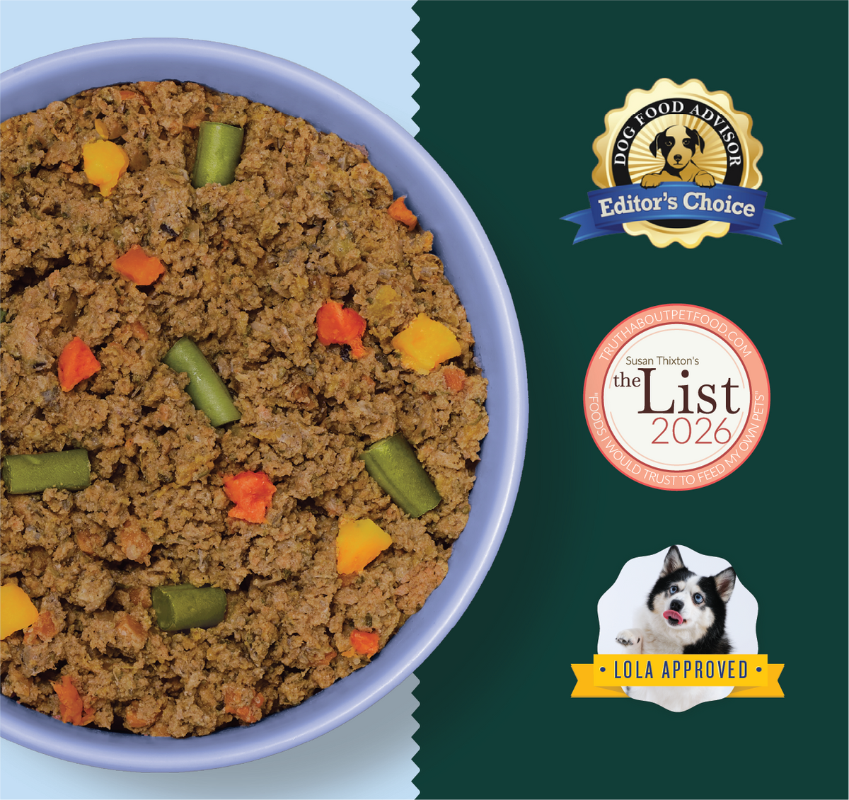 Ground fish-based dog food with peas, carrots, and corn in a light blue bowl.