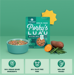 Porky's Luau grain-free dog food package with bowl of prepared food, sweet potato, and green beans on mint green background.
