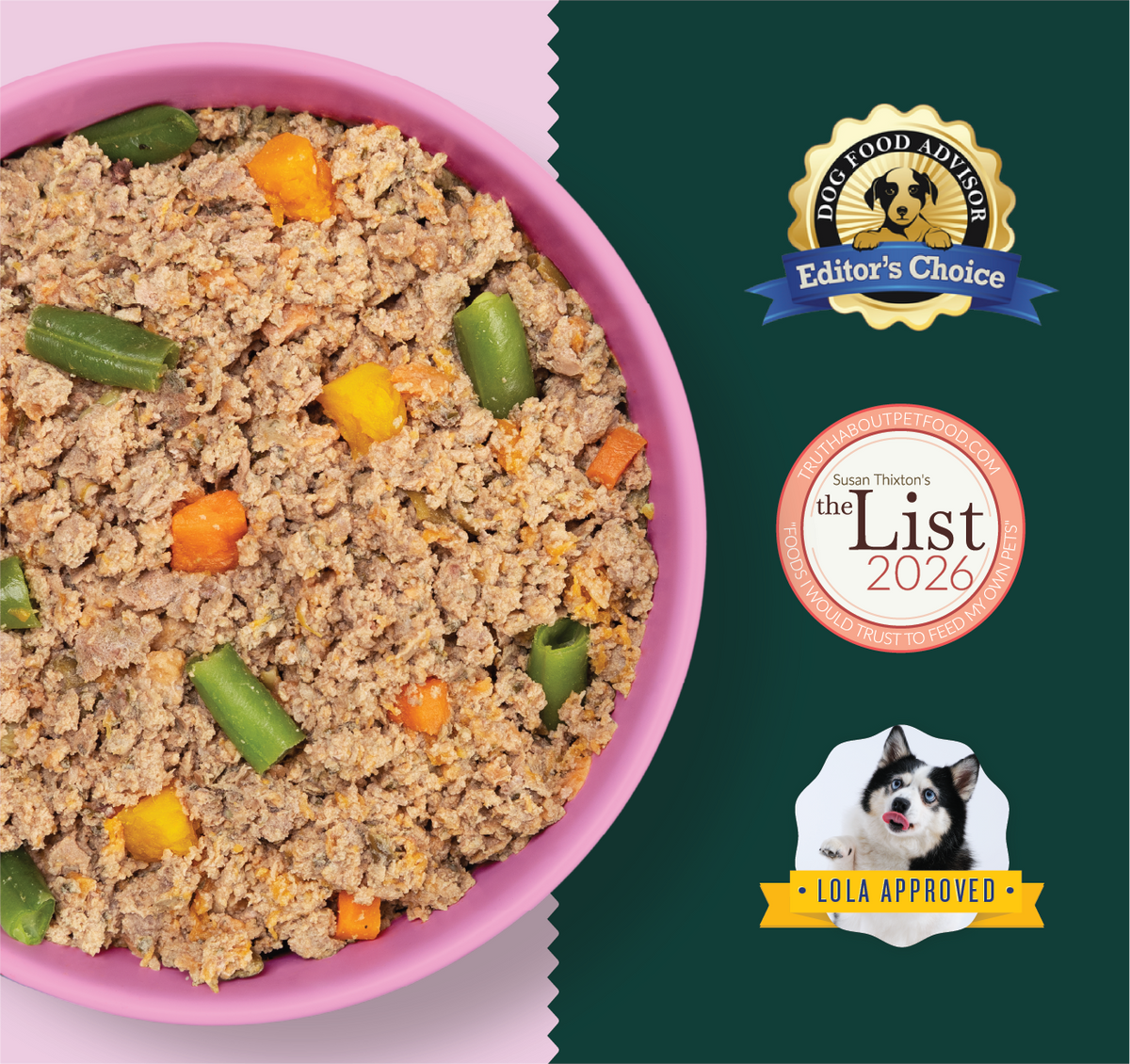 Ground meat puppy food with green beans and diced carrots in a pink bowl, next to product packaging.