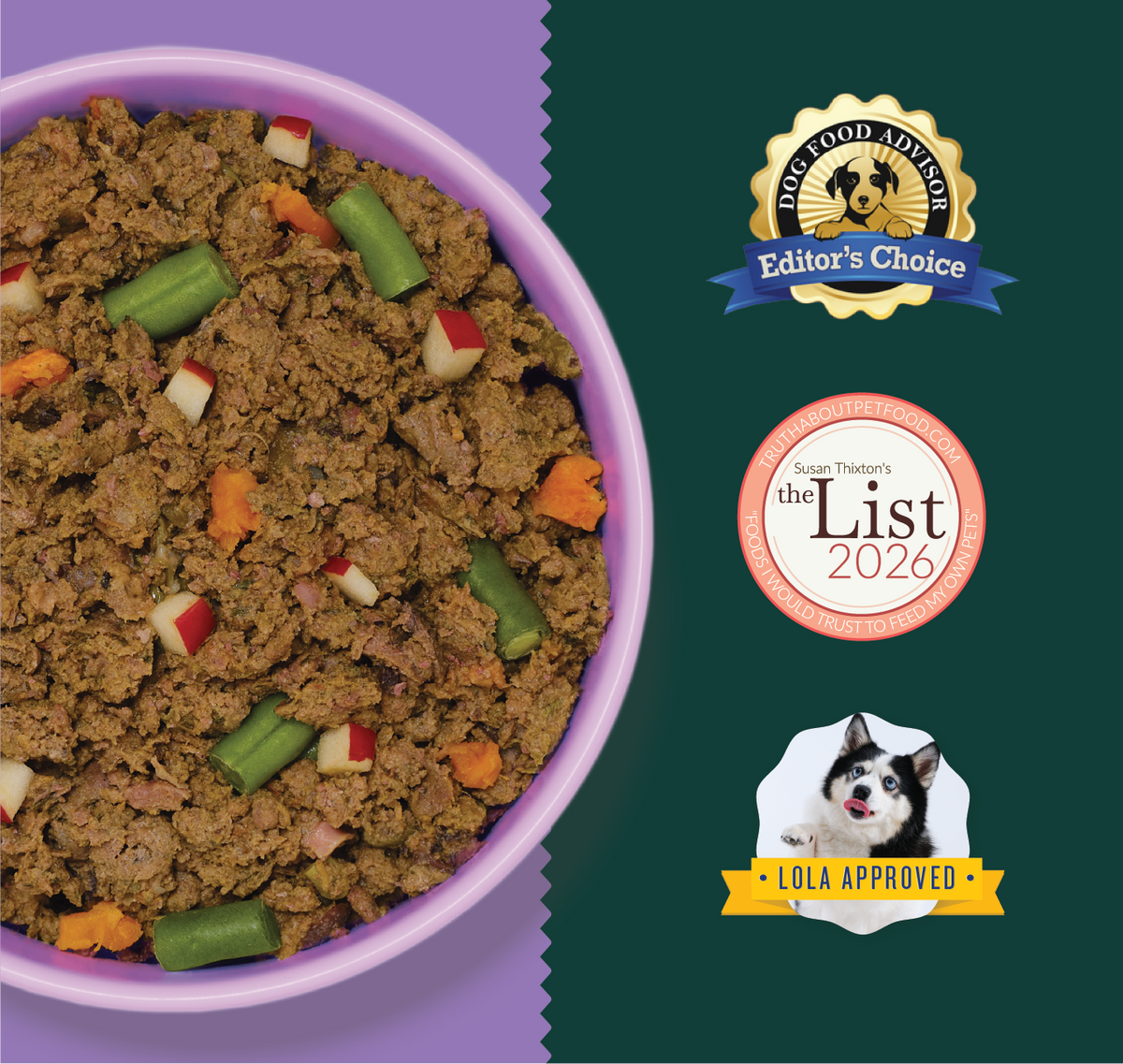 Ground meat mixture with diced vegetables in purple bowl on green background with approval badges.