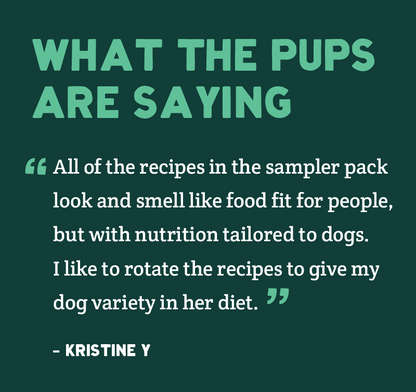 Four bags of dog food with text testimonial on dark teal background.