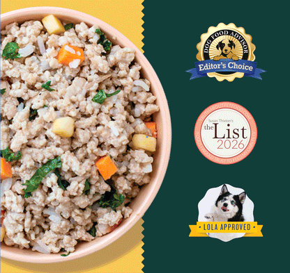 Pink bowl of ground meat with diced carrots, potatoes, and green herbs on yellow and green background.
