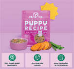 Pink bag of A Pup Above grain-free puppy recipe with bone broth, displayed with pink bowl of food, sweet potato slices, and g