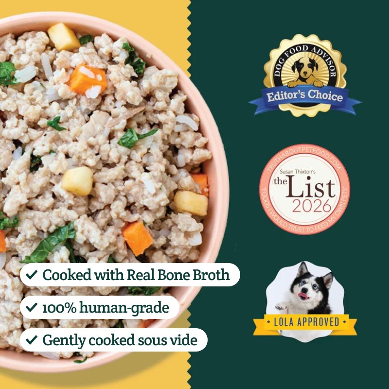 A Pup Above fresh dog food served in a bowl, cooked with real bone broth, 100% human-grade, gently cooked sous vide